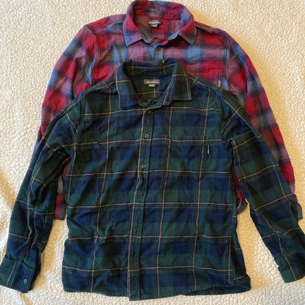2 Eddie Bauer flannel shirts.